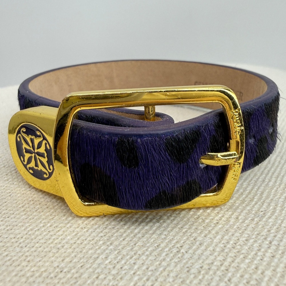 Rustic Cuff Purple Leopard Calf Hair Leather Buckle Wrap Bracelet Gold Tone